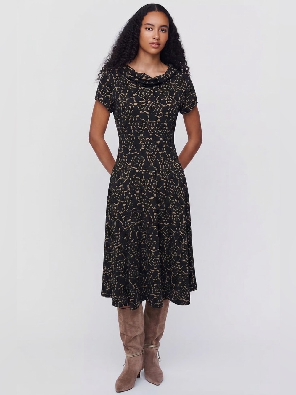 APPLE & PEAR STUDIOS Women's Cowlneck Abstract A-Line Midi Dress - Black, Small